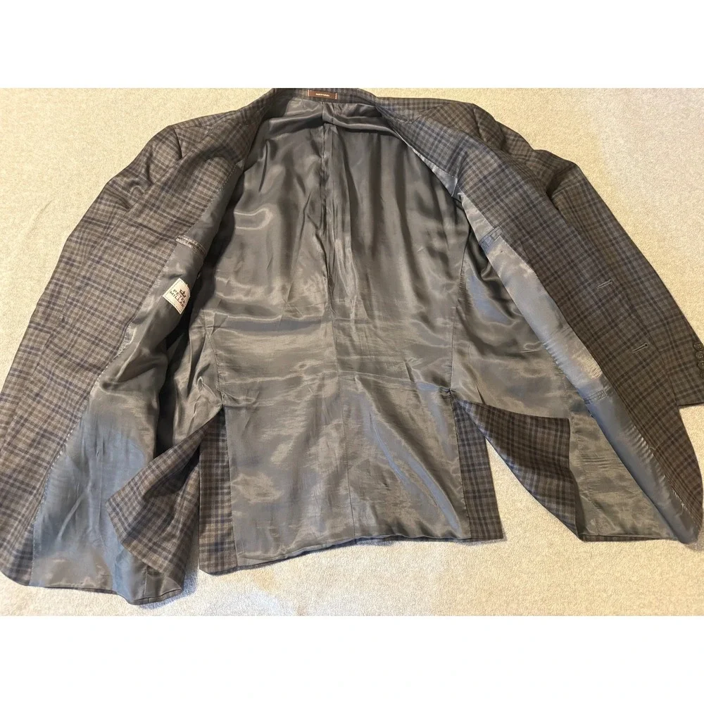 Peter Millar Mens Plaid Sport Coat Blazer Grey Blue Brown 2 Button Wool